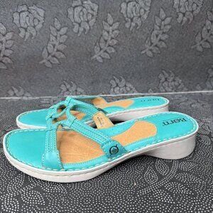 Born Womens Leather Sandals Size 10 Turquoise Open Toe Slide Wedge